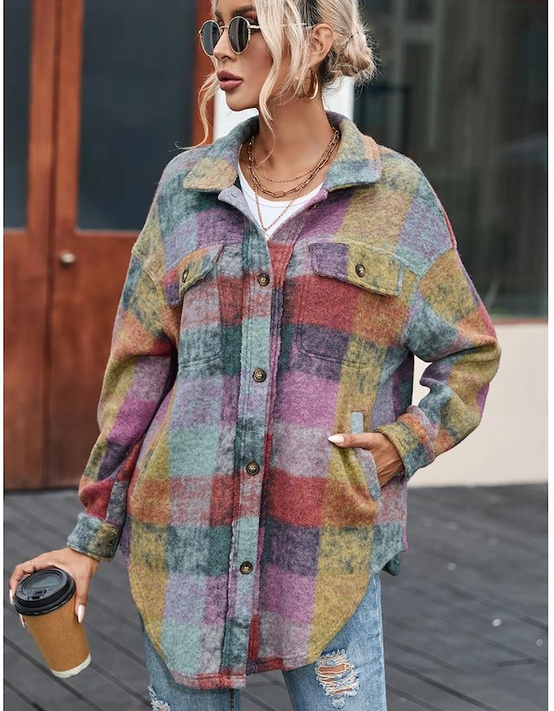 Multicolor Brushed Plaid Pocketed Oversize Shacket