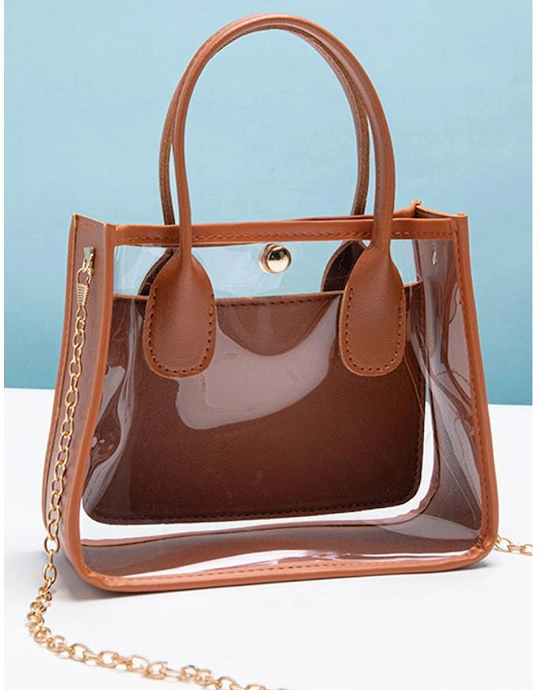Chestnut PVC PU Leather Patchwork Chain Strap Shoulder Bag