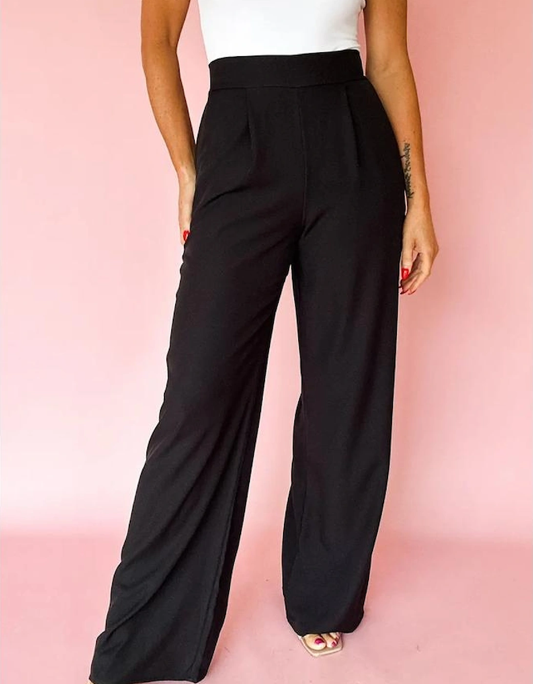 Black Pleated Detail Pull On High Elastic Waist Loose Straight Pants, 3 of 2