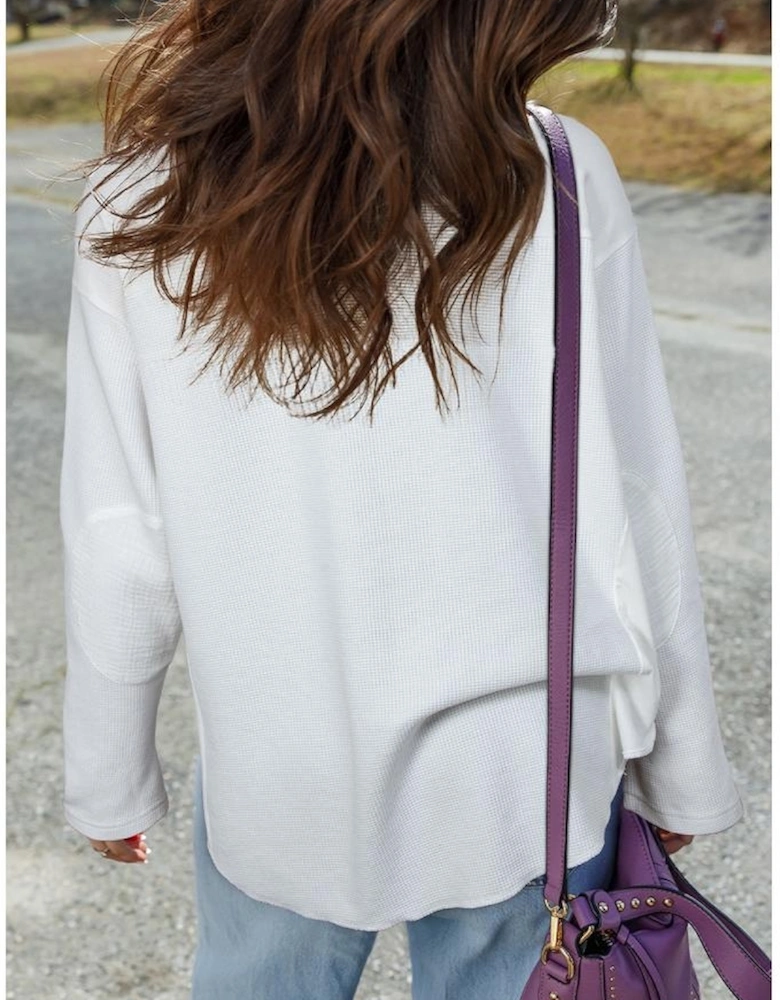 White Solid Color Waffle Ribbed Patchwork Dolman Sleeve Oversize Knit Top