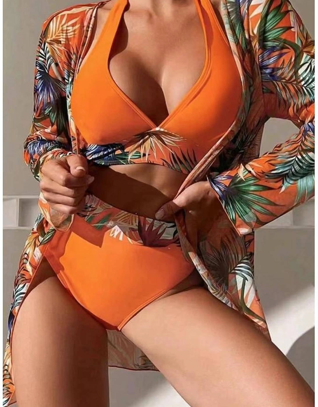 Carrot 3pcs Tropical Contrast Trim Halter Bikini Set with Cover up, 7 of 6