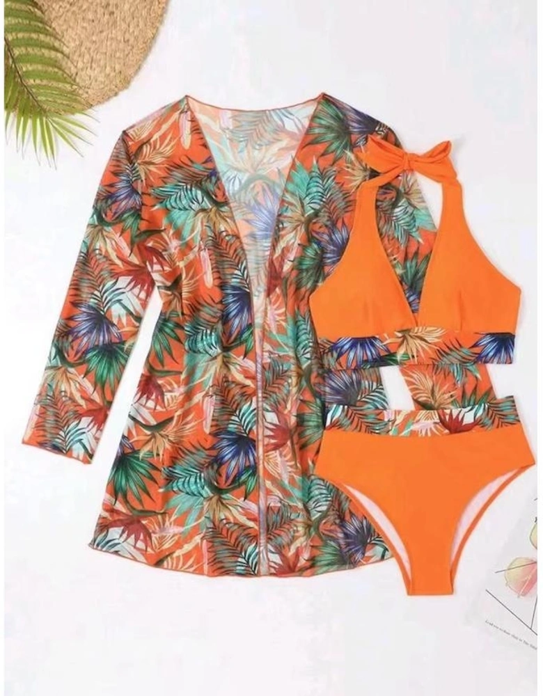 Carrot 3pcs Tropical Contrast Trim Halter Bikini Set with Cover up