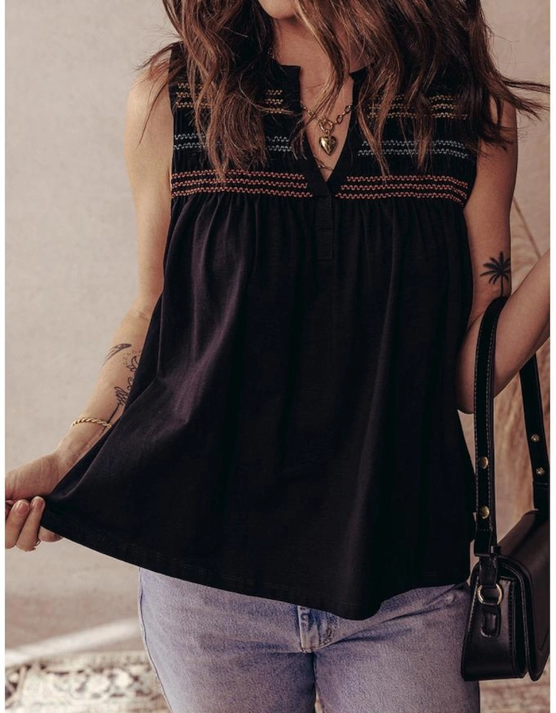 Black Colorful Shirred Yoke Notched V Neck Tank Top