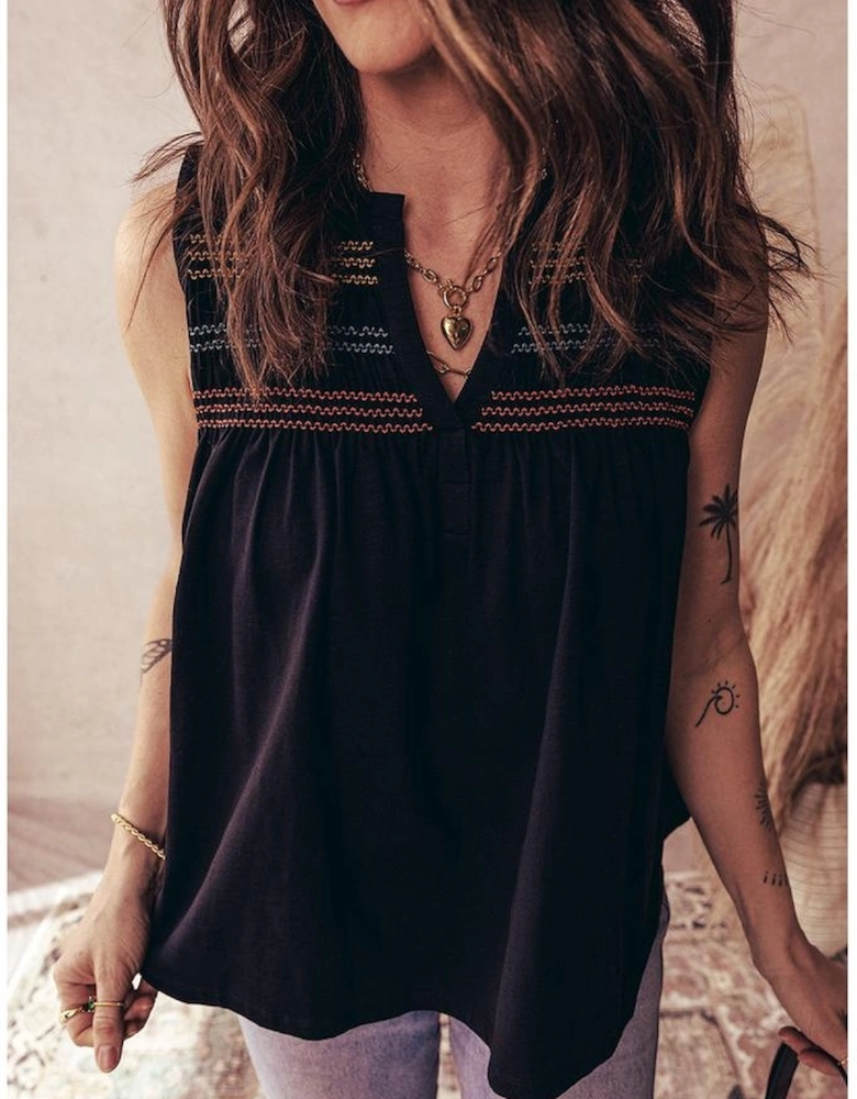 Black Colorful Shirred Yoke Notched V Neck Tank Top