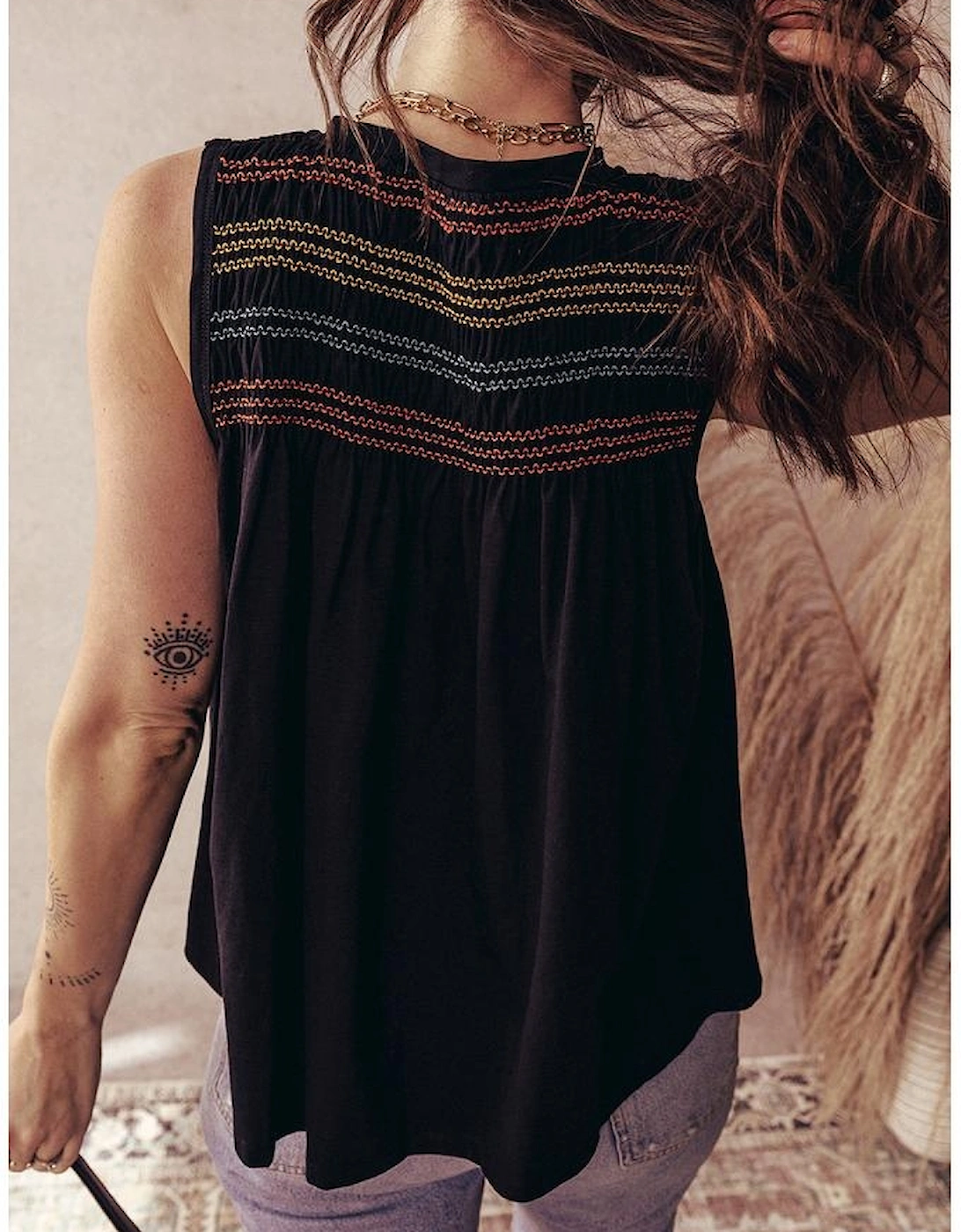 Black Colorful Shirred Yoke Notched V Neck Tank Top, 9 of 8