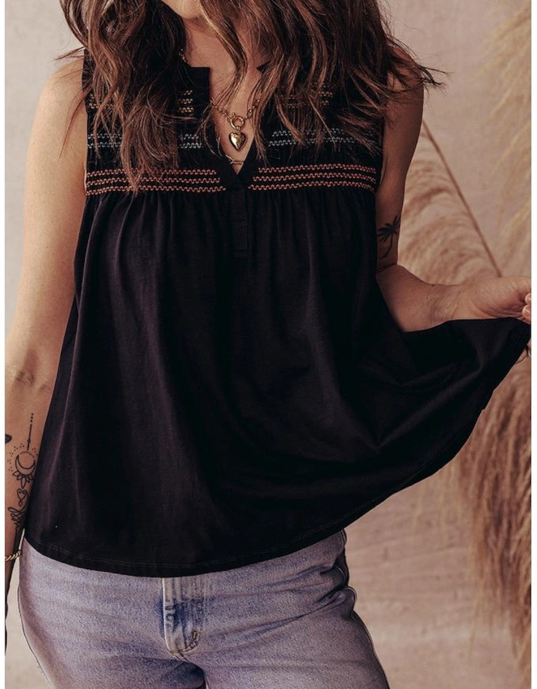 Black Colorful Shirred Yoke Notched V Neck Tank Top