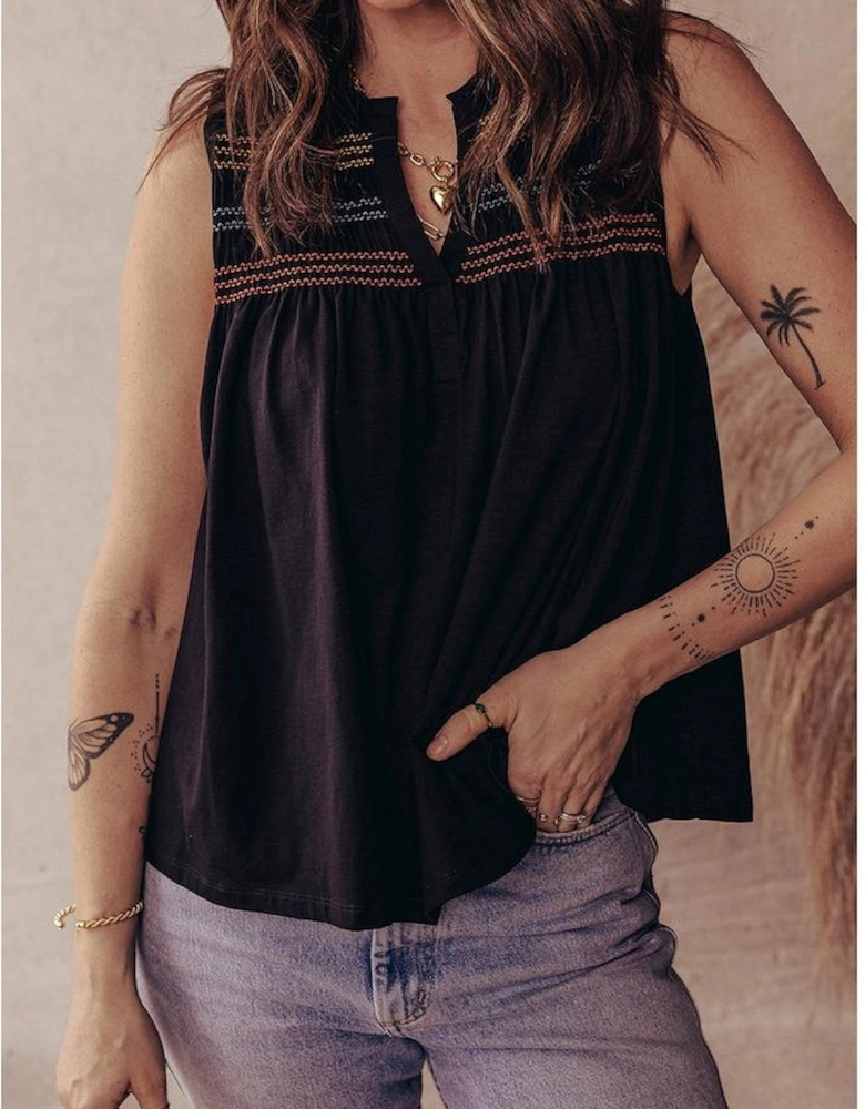 Black Colorful Shirred Yoke Notched V Neck Tank Top