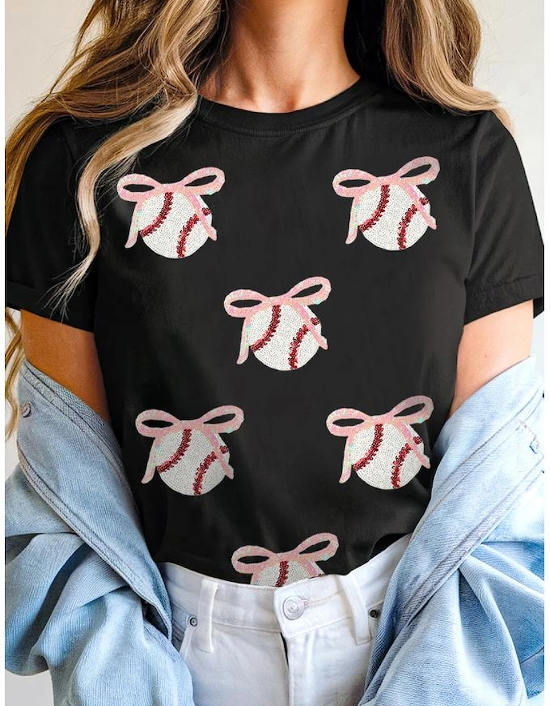Black Shimmering Sequin Bow Ball Patterned Game Day Casual Tee
