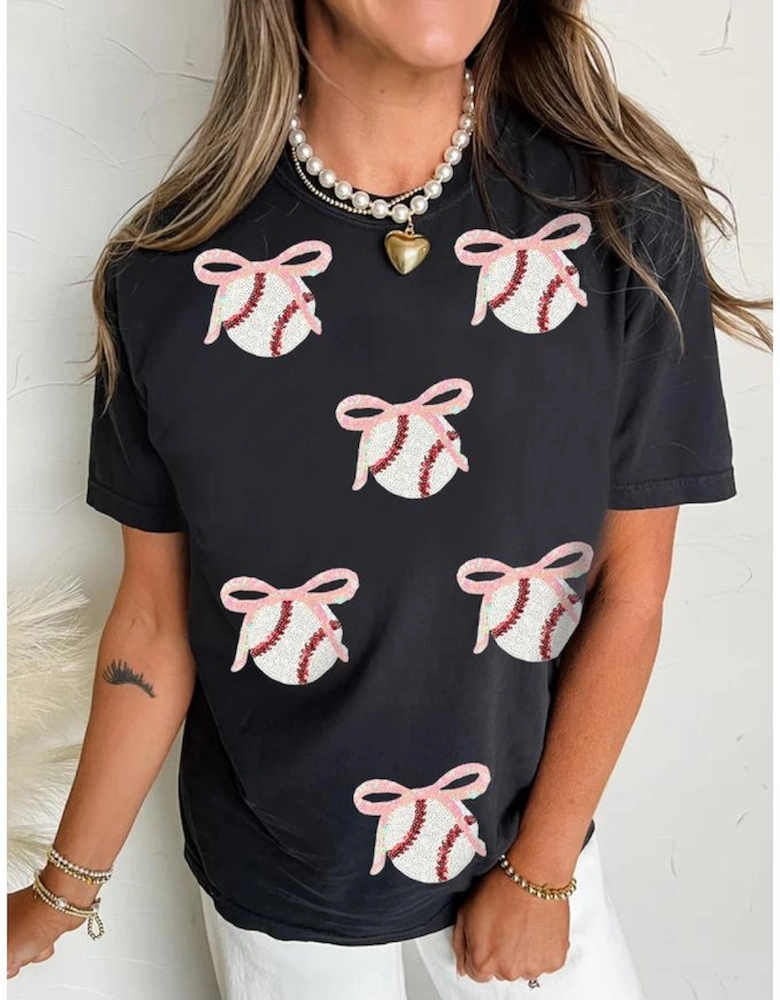 Black Shimmering Sequin Bow Ball Patterned Game Day Casual Tee