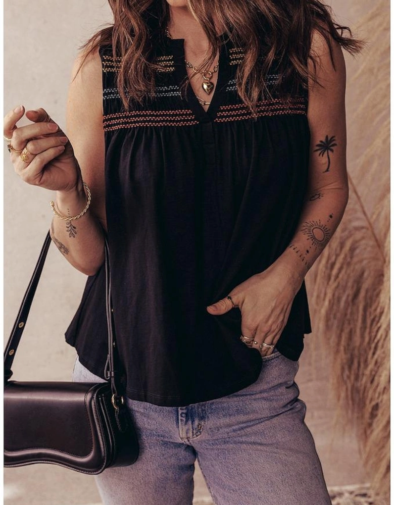 Black Colorful Shirred Yoke Notched V Neck Tank Top