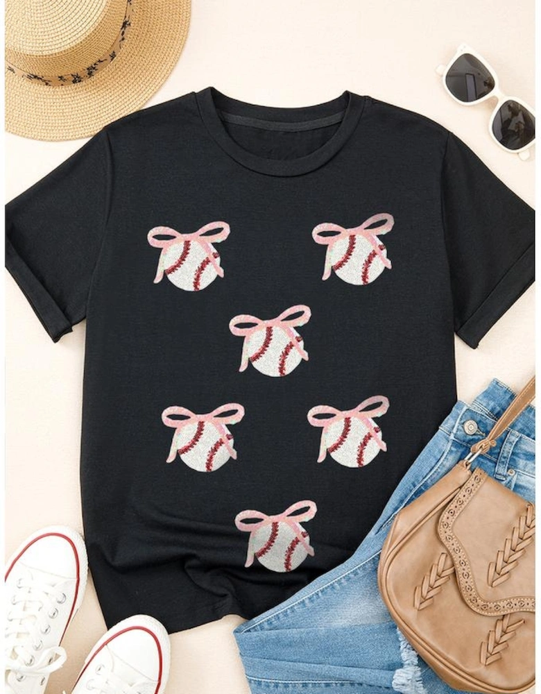 Black Shimmering Sequin Bow Ball Patterned Game Day Casual Tee