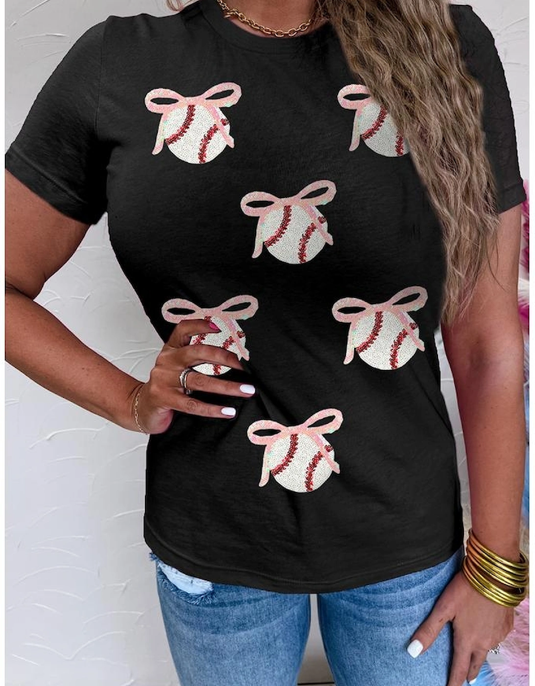 Black Shimmering Sequin Bow Ball Patterned Game Day Casual Tee