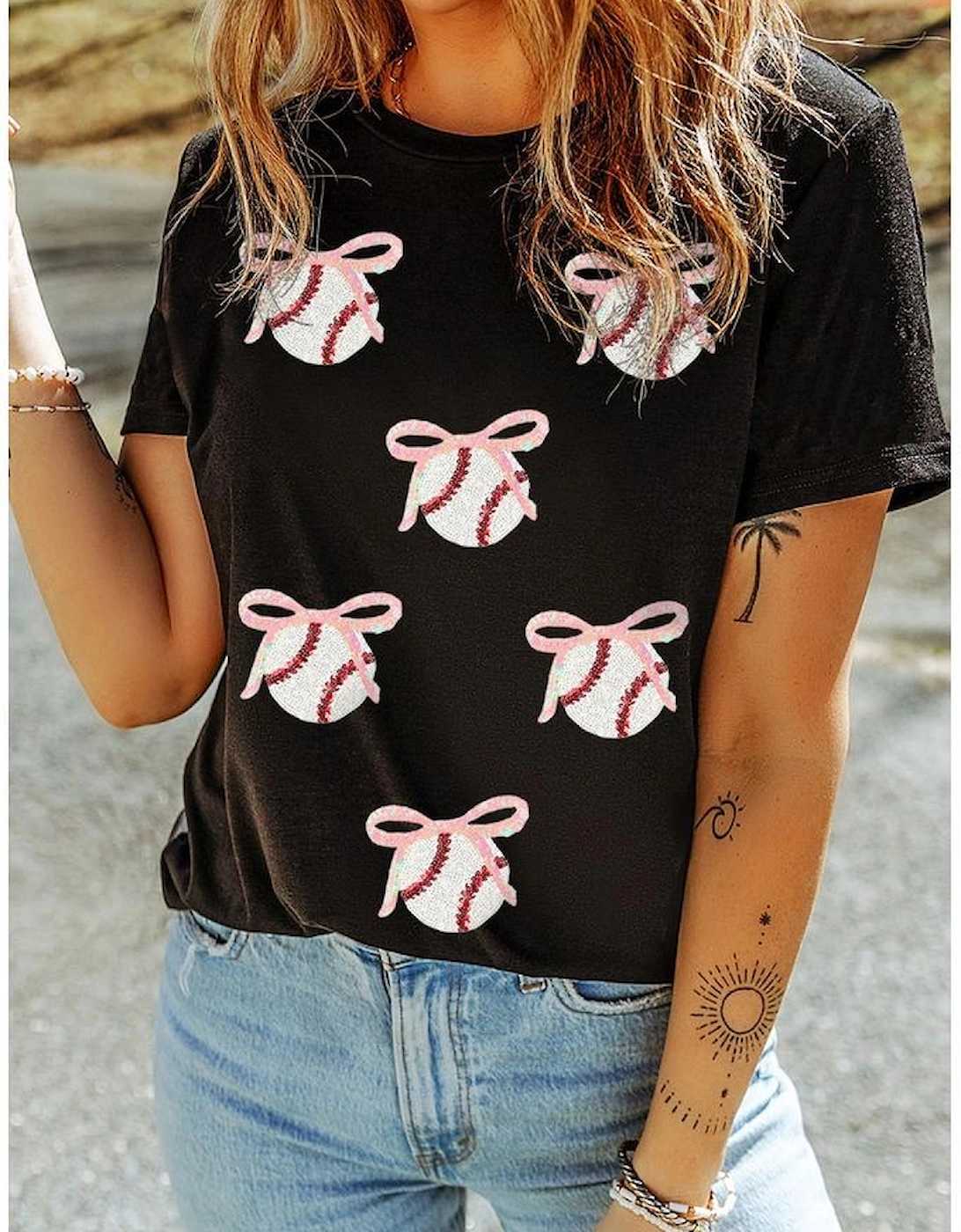 Black Shimmering Sequin Bow Ball Patterned Game Day Casual Tee