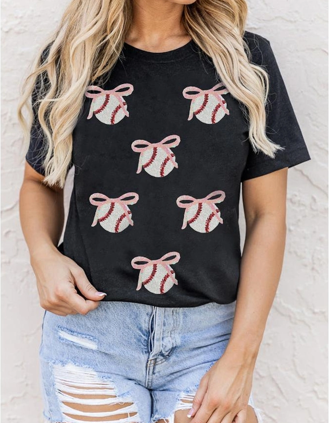 Black Shimmering Sequin Bow Ball Patterned Game Day Casual Tee