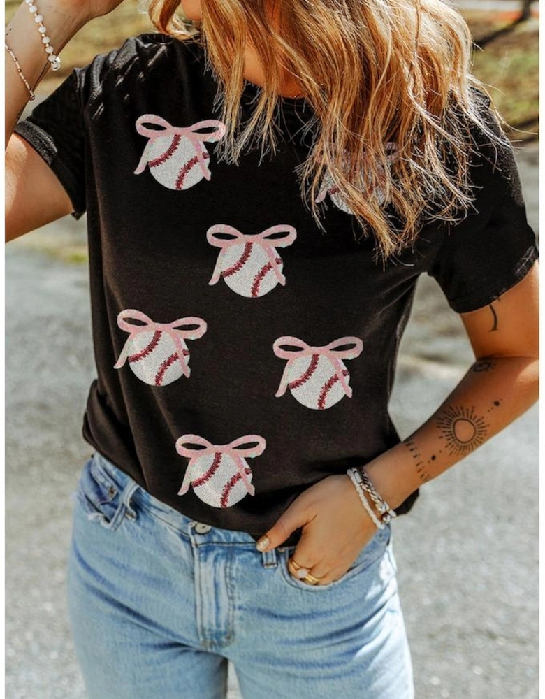 Black Shimmering Sequin Bow Ball Patterned Game Day Casual Tee