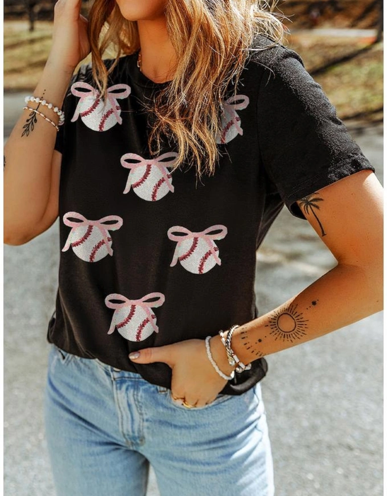 Black Shimmering Sequin Bow Ball Patterned Game Day Casual Tee