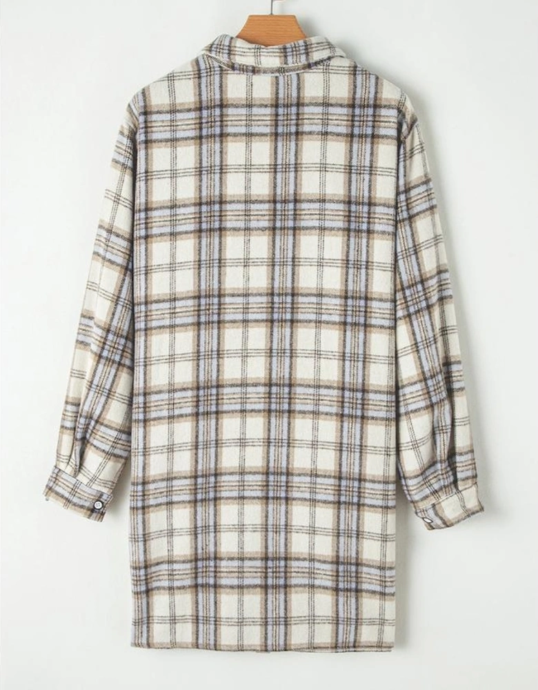 White Plaid Print Tunic Plus Size Shacket with Slits