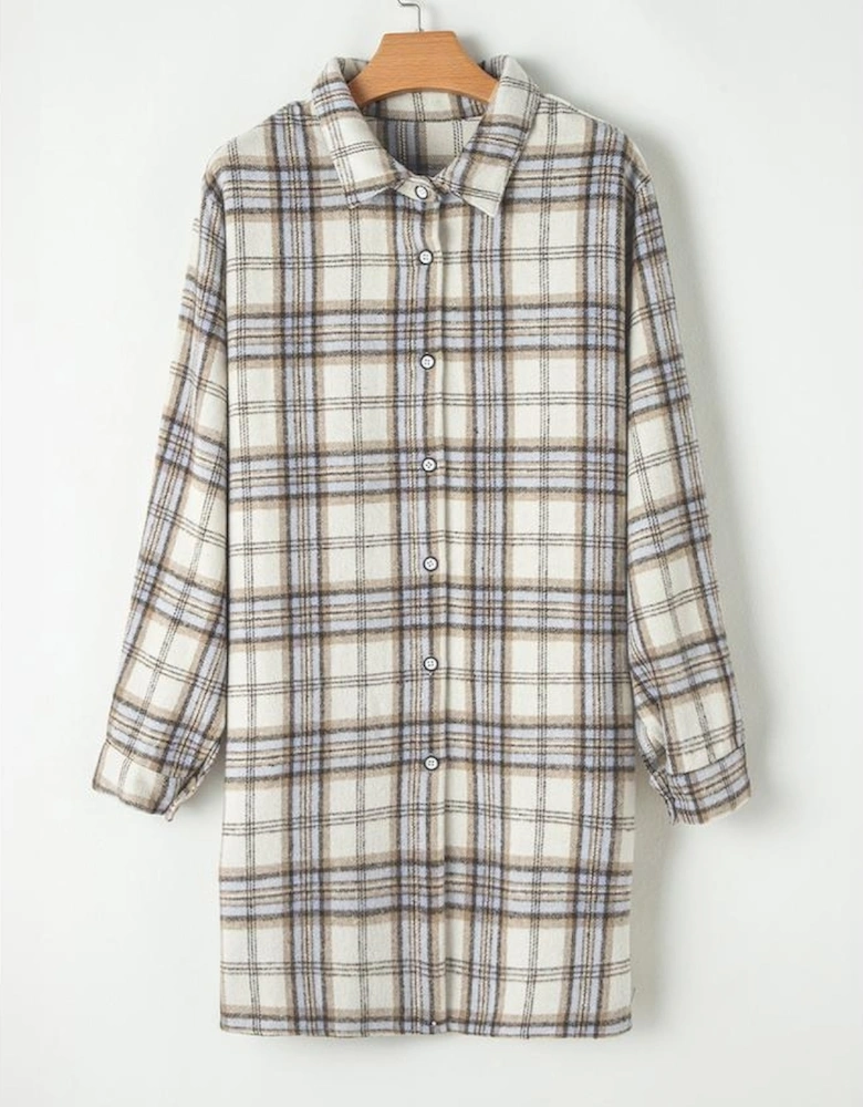 White Plaid Print Tunic Plus Size Shacket with Slits