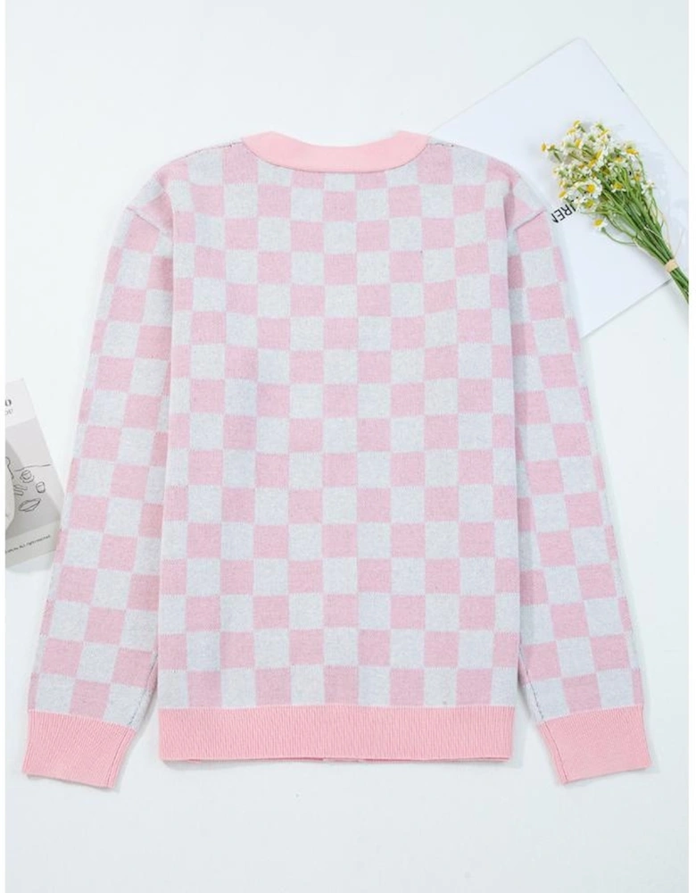 Pink Checkered Christmas Tree Pattern Button V Neck Cardigan Sweater