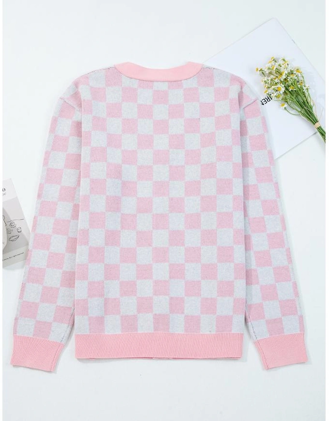 Pink Checkered Christmas Tree Pattern Button V Neck Cardigan Sweater