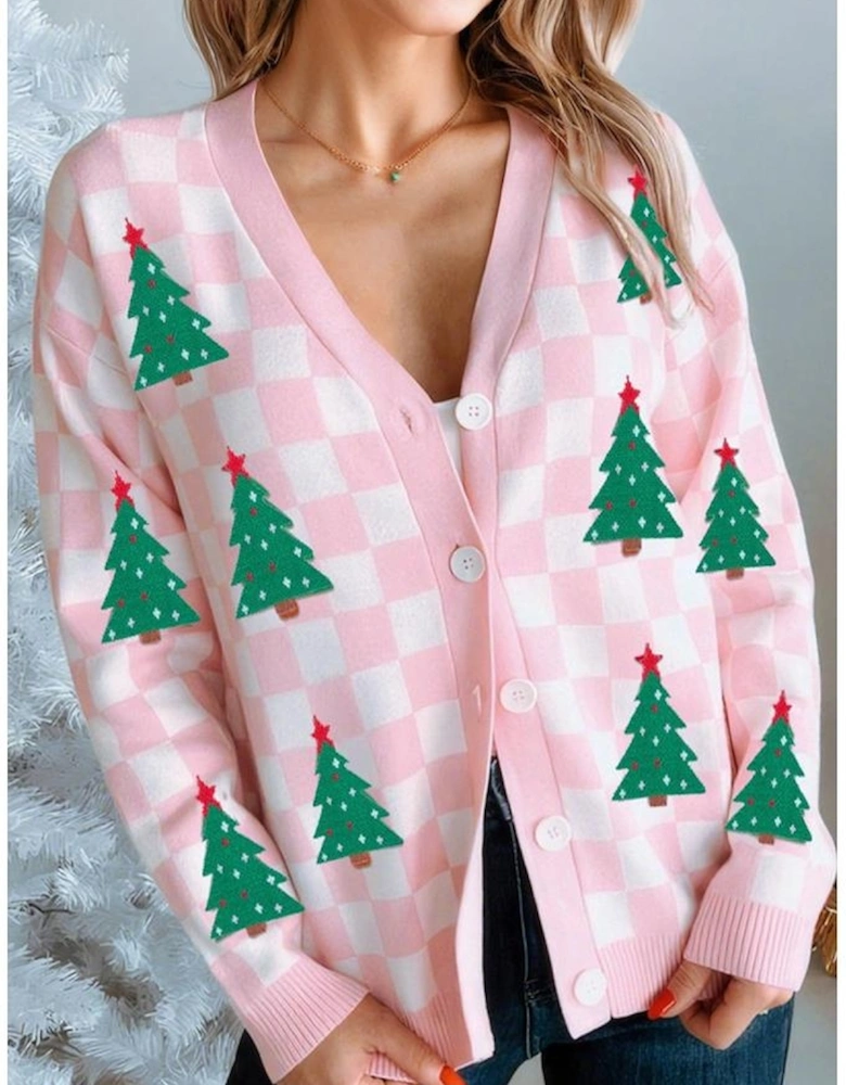 Pink Checkered Christmas Tree Pattern Button V Neck Cardigan Sweater