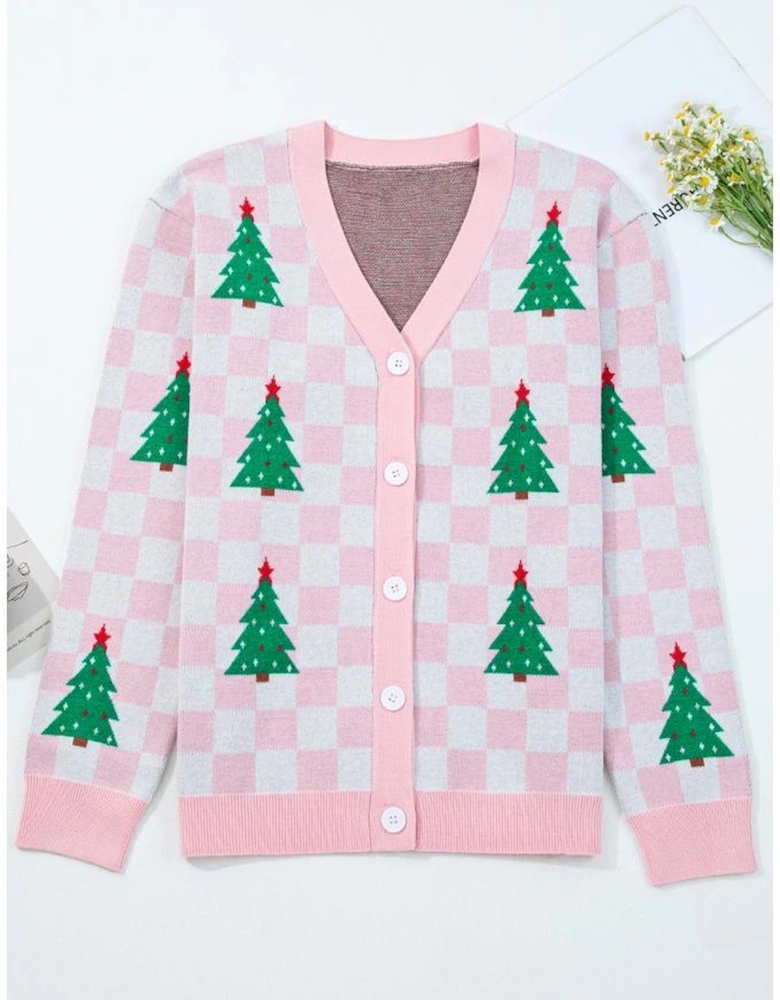 Pink Checkered Christmas Tree Pattern Button V Neck Cardigan Sweater