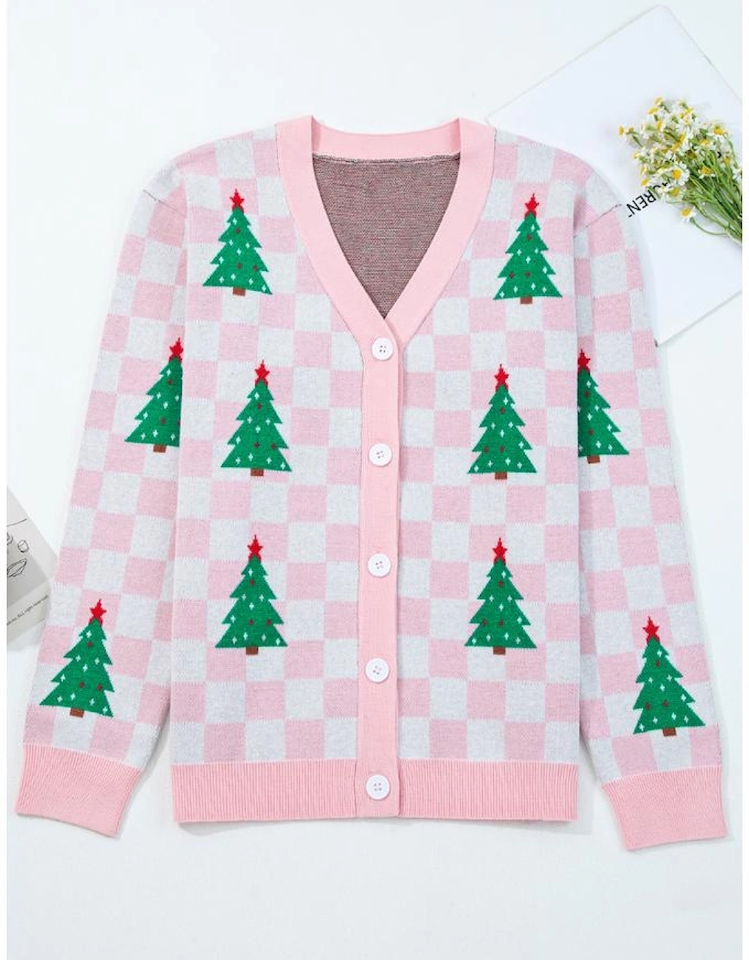 Pink Checkered Christmas Tree Pattern Button V Neck Cardigan Sweater