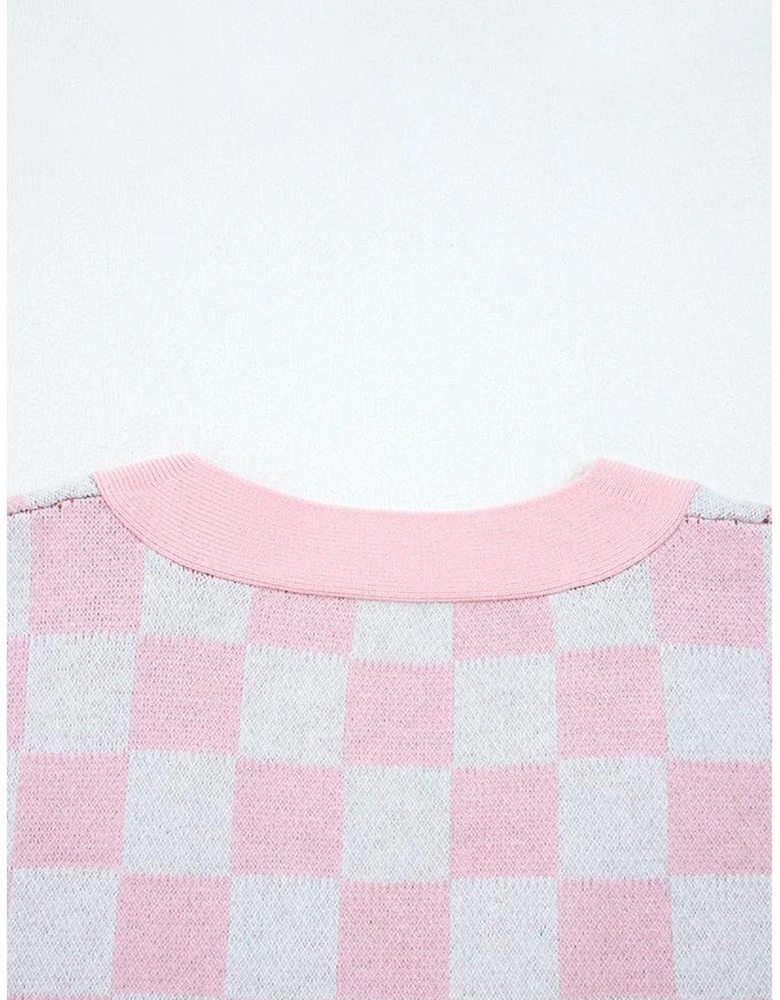 Pink Checkered Christmas Tree Pattern Button V Neck Cardigan Sweater