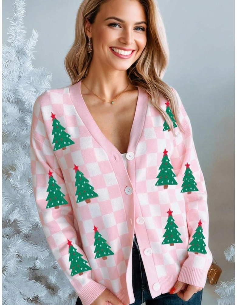 Pink Checkered Christmas Tree Pattern Button V Neck Cardigan Sweater