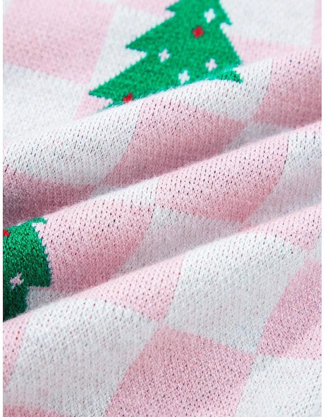 Pink Checkered Christmas Tree Pattern Button V Neck Cardigan Sweater
