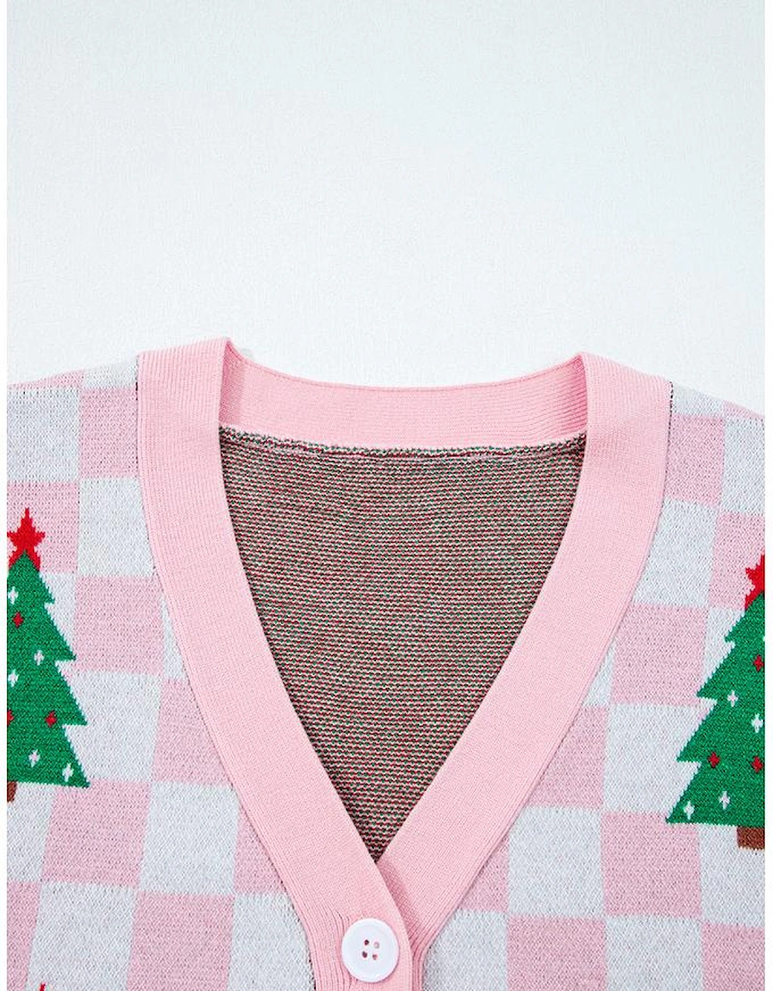Pink Checkered Christmas Tree Pattern Button V Neck Cardigan Sweater