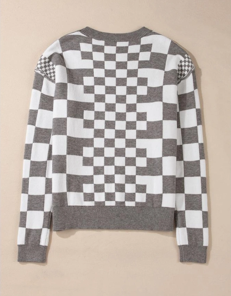 Gray Checkered Print Drop Shoulder Round Neck Sweater