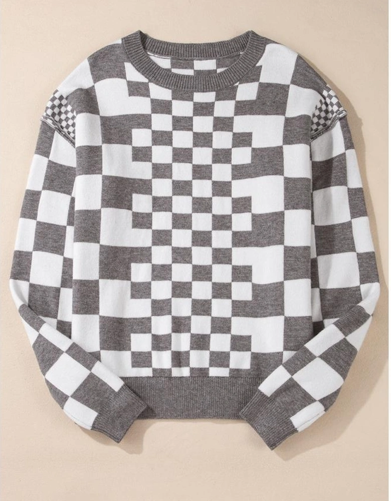 Gray Checkered Print Drop Shoulder Round Neck Sweater