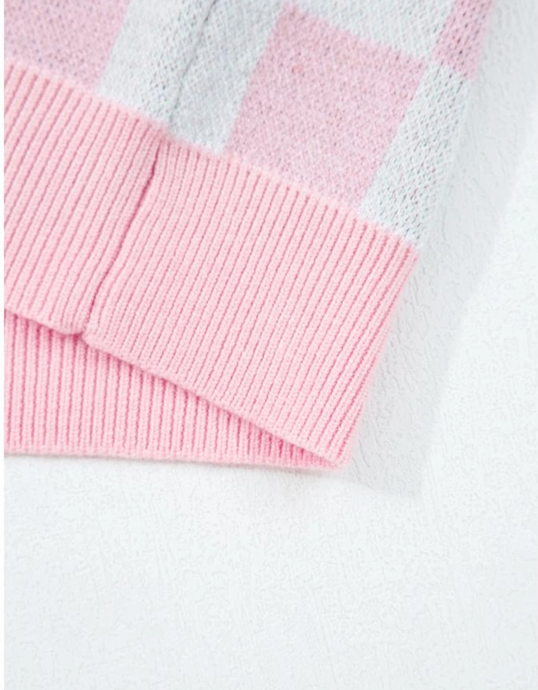 Pink Checkered Christmas Tree Pattern Button V Neck Cardigan Sweater