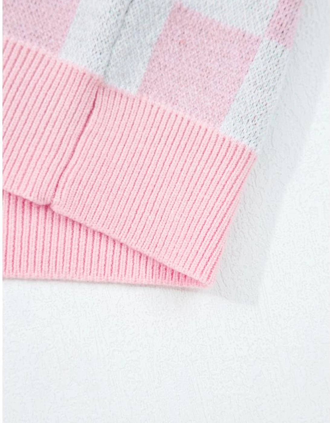 Pink Checkered Christmas Tree Pattern Button V Neck Cardigan Sweater