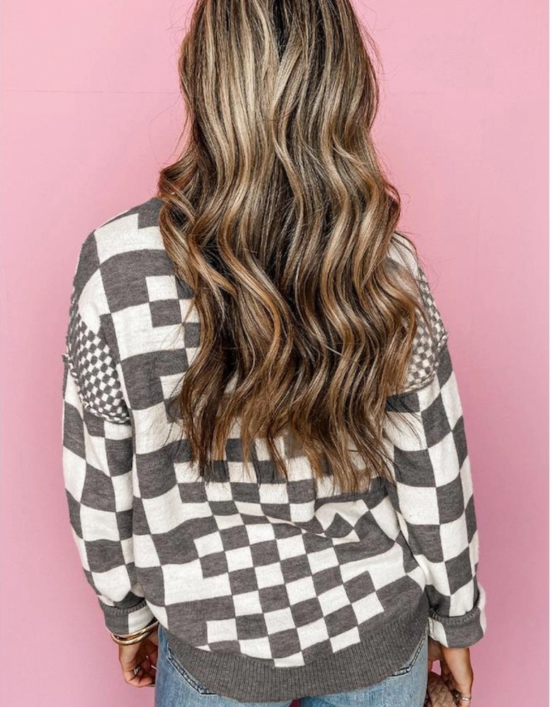 Gray Checkered Print Drop Shoulder Round Neck Sweater