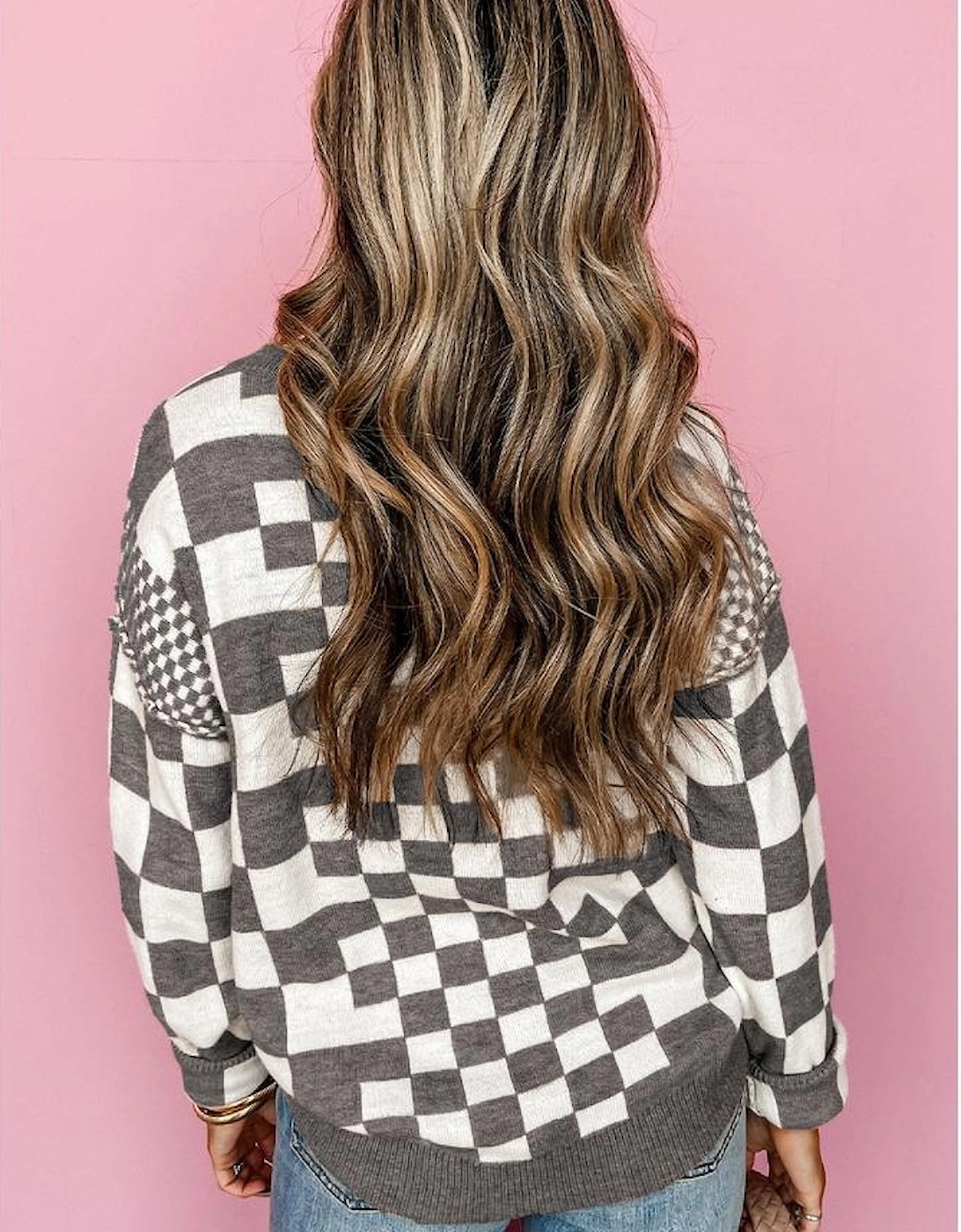 Gray Checkered Print Drop Shoulder Round Neck Sweater