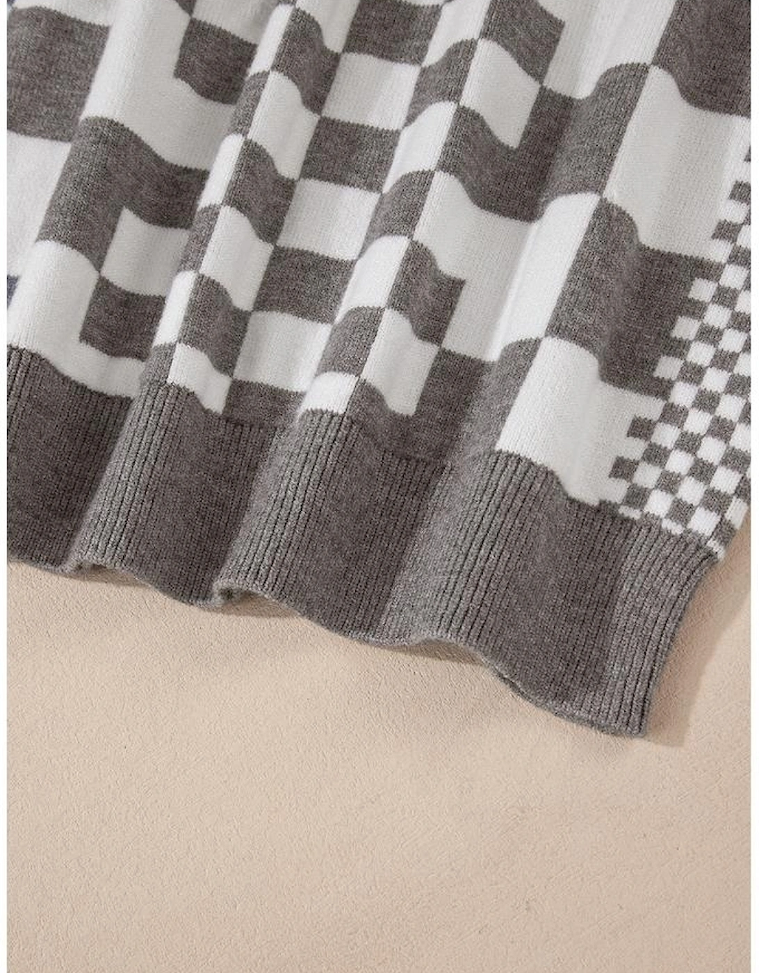 Gray Checkered Print Drop Shoulder Round Neck Sweater