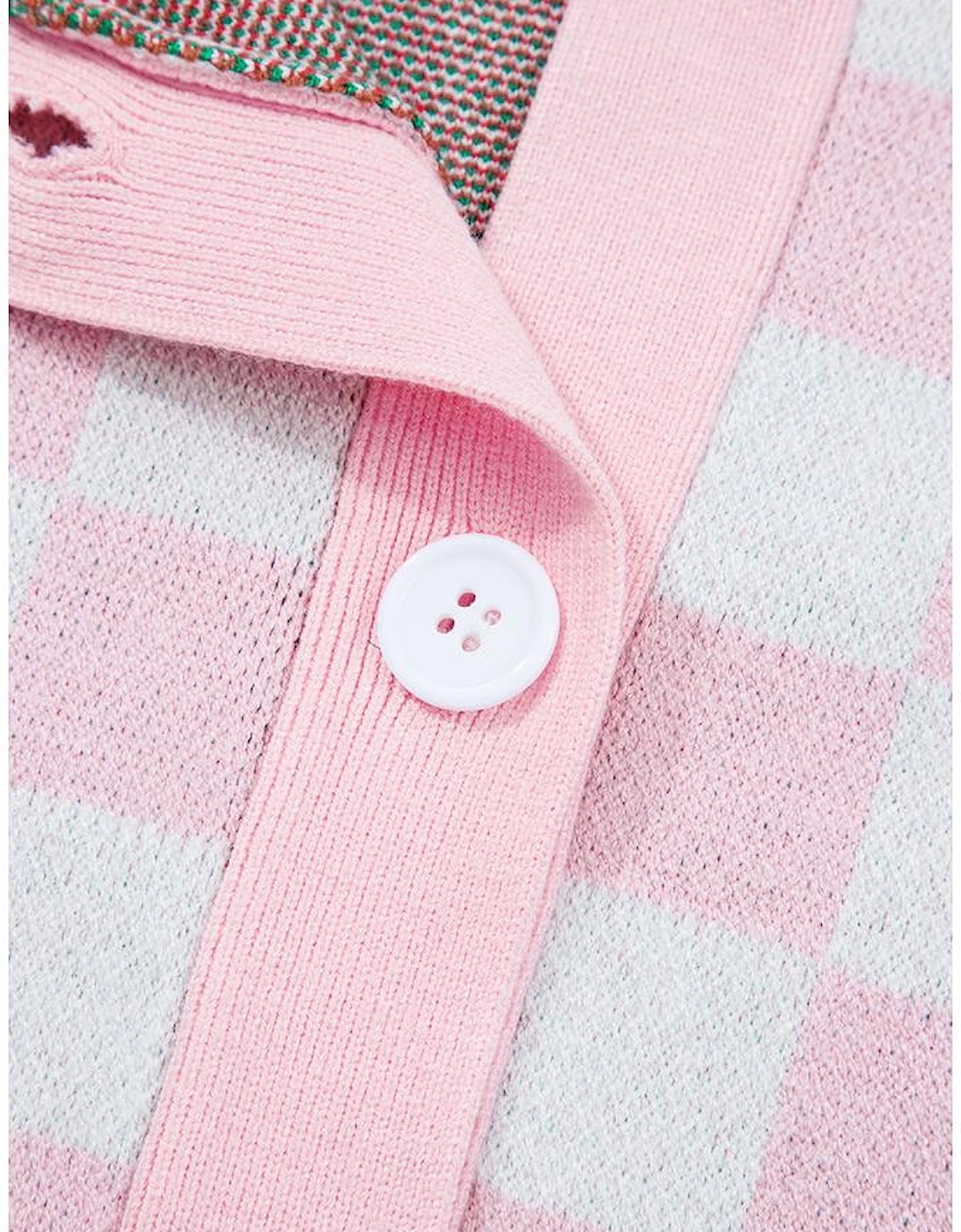 Pink Checkered Christmas Tree Pattern Button V Neck Cardigan Sweater
