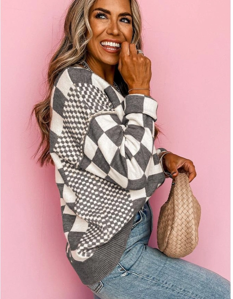 Gray Checkered Print Drop Shoulder Round Neck Sweater