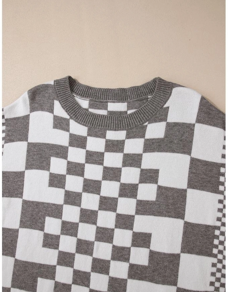 Gray Checkered Print Drop Shoulder Round Neck Sweater