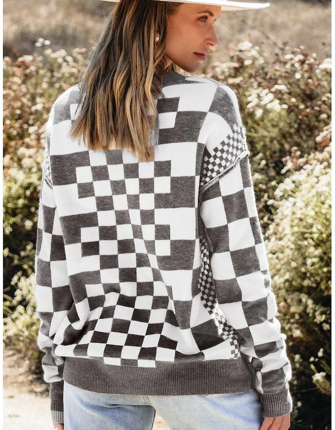 Gray Checkered Print Drop Shoulder Round Neck Sweater