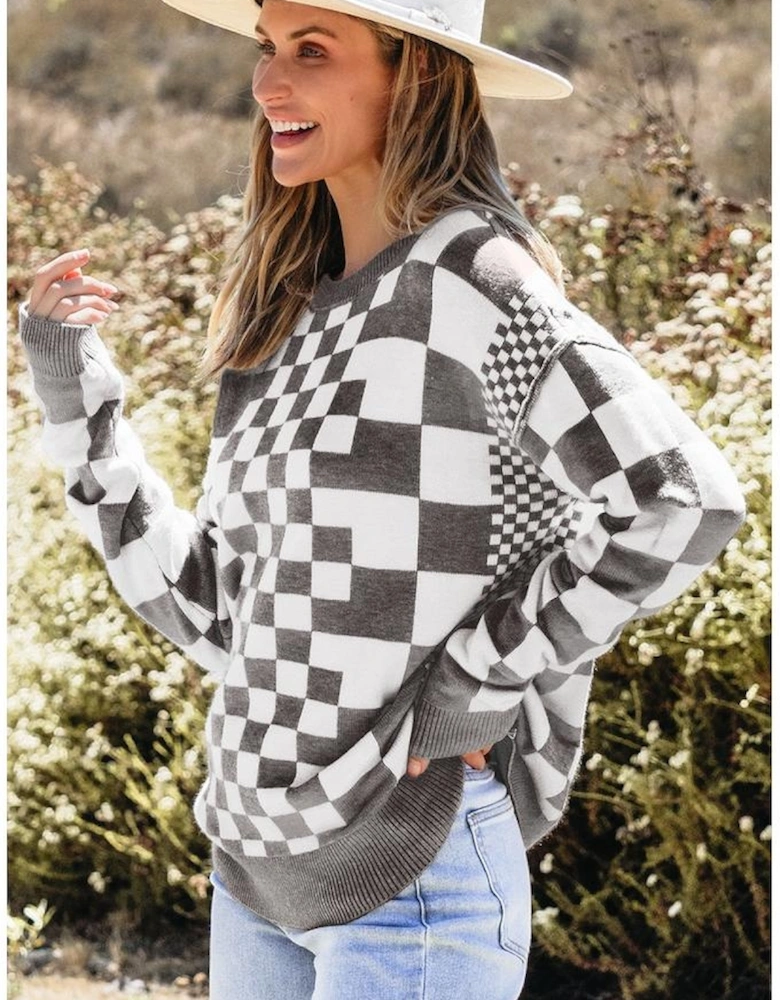 Gray Checkered Print Drop Shoulder Round Neck Sweater