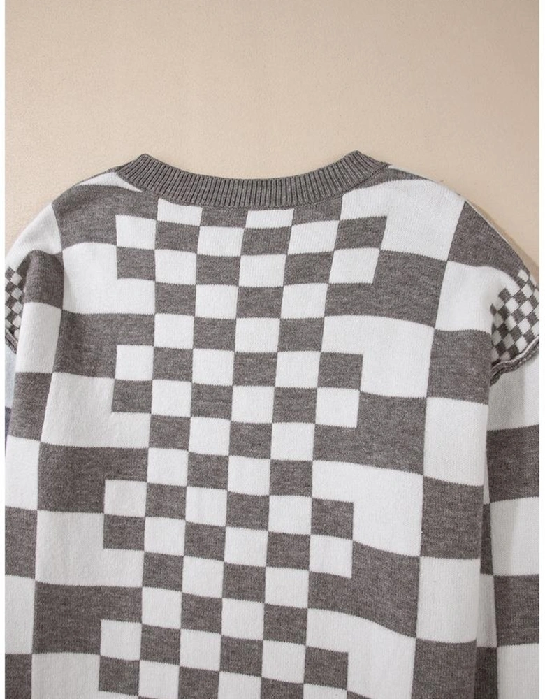 Gray Checkered Print Drop Shoulder Round Neck Sweater