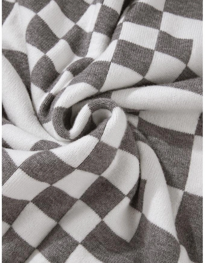 Gray Checkered Print Drop Shoulder Round Neck Sweater