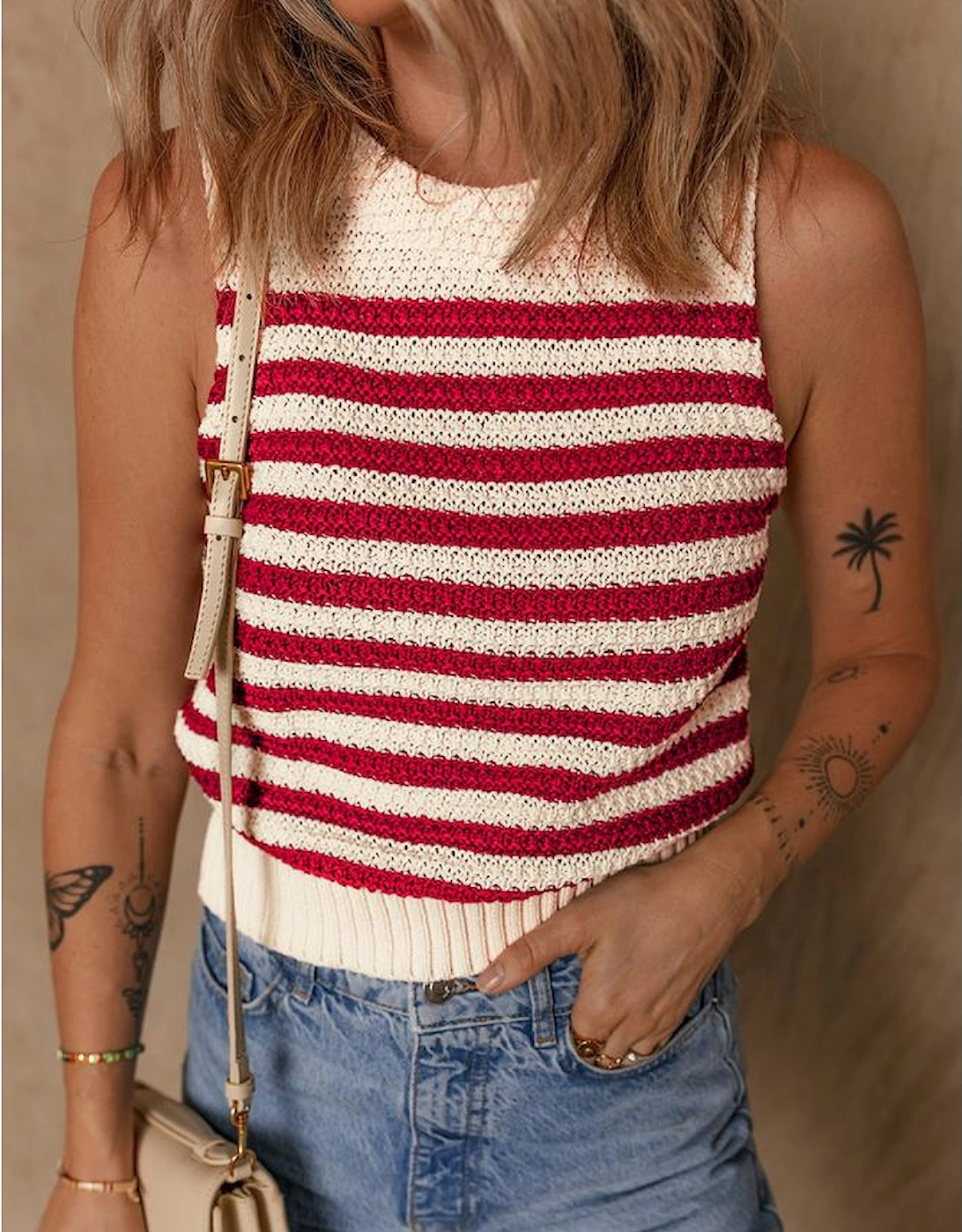 Red Stripe Textured Knit Ribbed Hem Sweater Tank Top