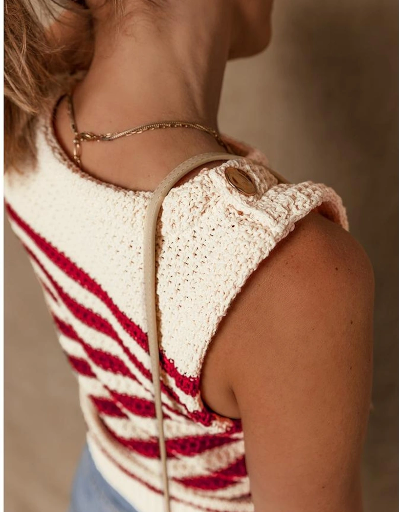 Red Stripe Textured Knit Ribbed Hem Sweater Tank Top