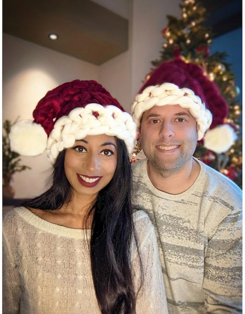 Red Dahlia Color Block Pom Pom Decor Chunky Knitted Christmas Hat