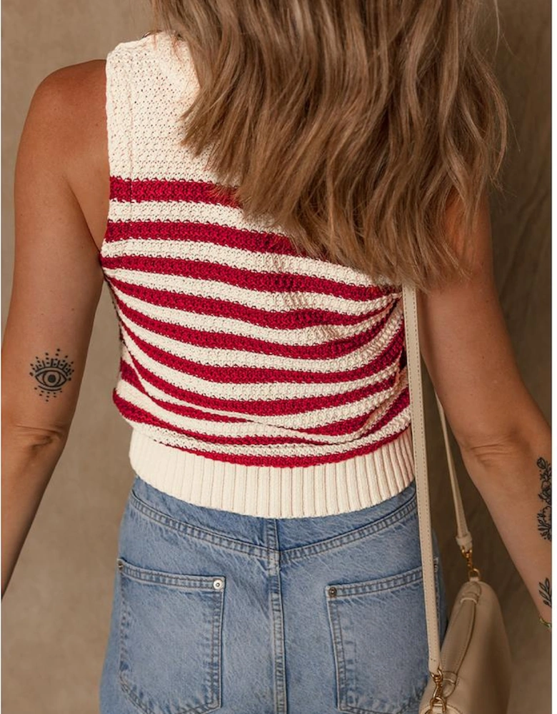 Red Stripe Textured Knit Ribbed Hem Sweater Tank Top