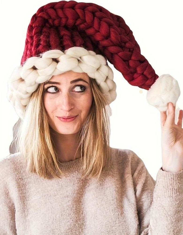 Red Dahlia Color Block Pom Pom Decor Chunky Knitted Christmas Hat